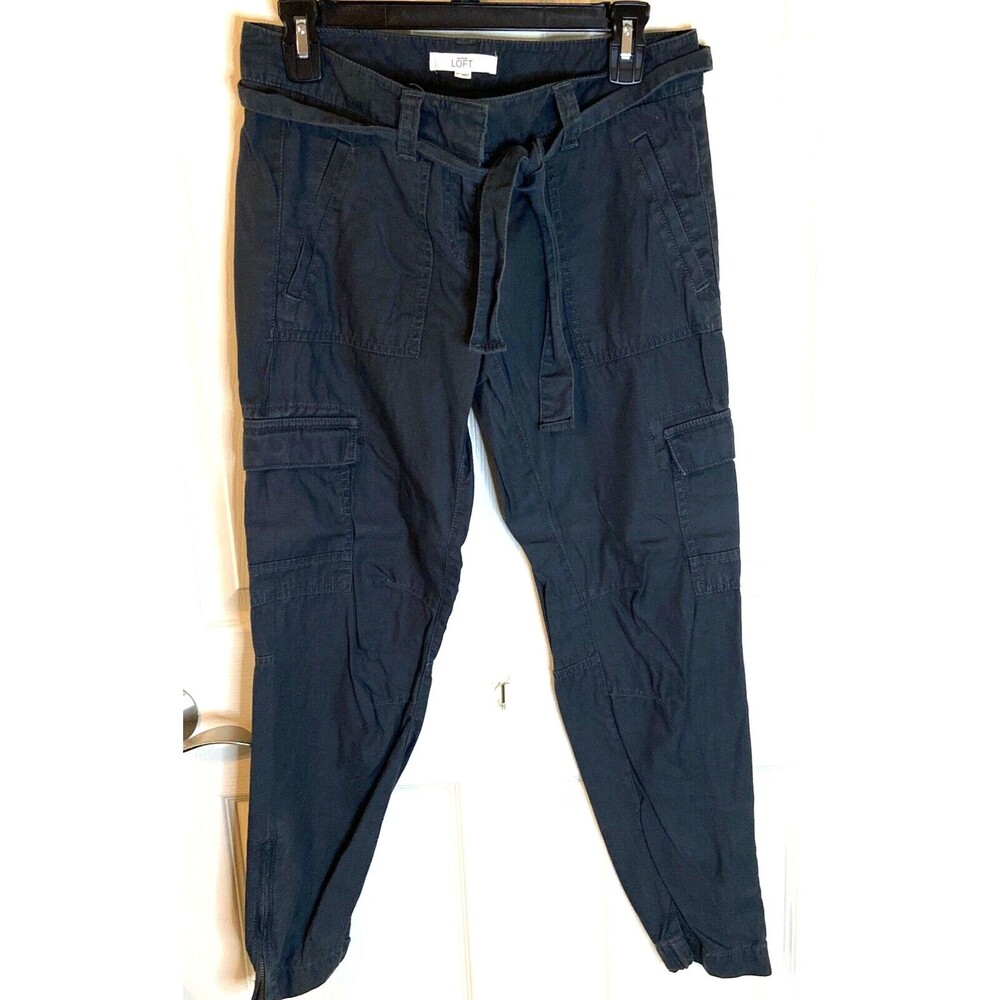 LOFT Vintage Cargo Pocket Jogger Pants Size 0 Blue Belted Tapered Zipper Leg